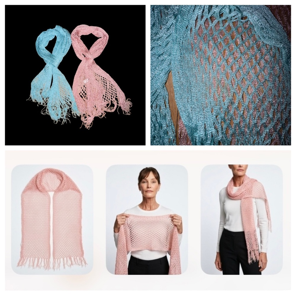 2 Scarves- Pink and Aqua Open-Knit Fringe - Women Accessories